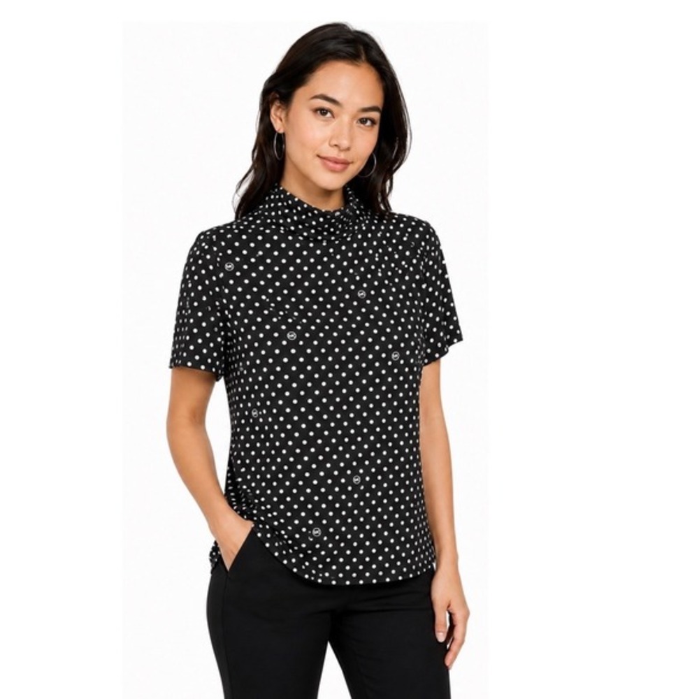 Michael Kors Polka Dot Mock Neck Top Black White Ruched XL Short Sleeve 84-43